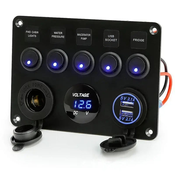 5-Gang LED Backlit Rocker Switch Panel - Dual High-Speed USB Charger, Digital Voltmeter, 12V Socket