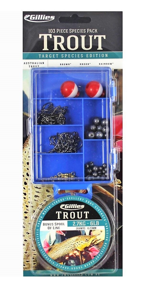 Gillies Trout Tackle Pack - 100 Piece Assorted Tackle Kit With 6lb Fishing Line
