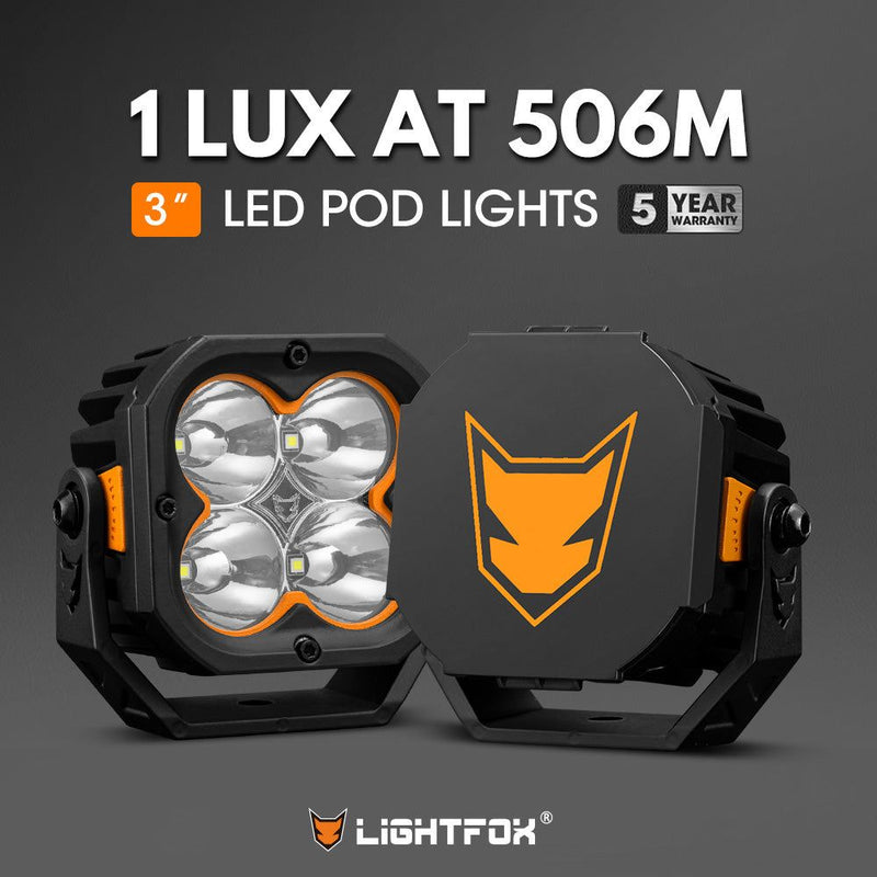 LIGHTFOX Pair&nbsp;3inch Cygnus-4 Osram&nbsp;LED&nbsp;Pod&nbsp;Lights w/ 3 pin DT Connector 1Lux@380m 3,834LM