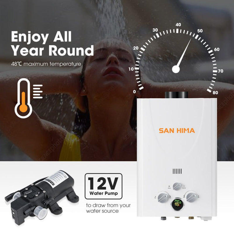 San Hima Camping Shower Tent Awning Fold-Out & 8L Gas Hot Water Heater