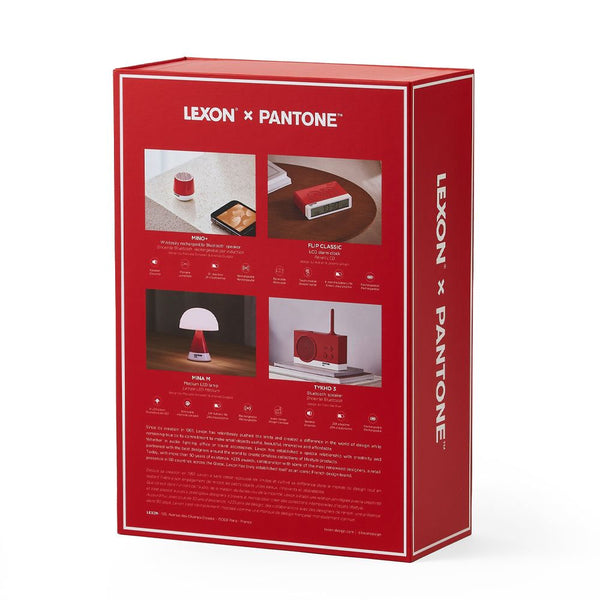 Lexon GIFT Set PANTONE - Includes Mino+ Mini Speaker, Flip Classic Clock, Mina M Lamp, Thykho 3  Speaker - 2035 Red