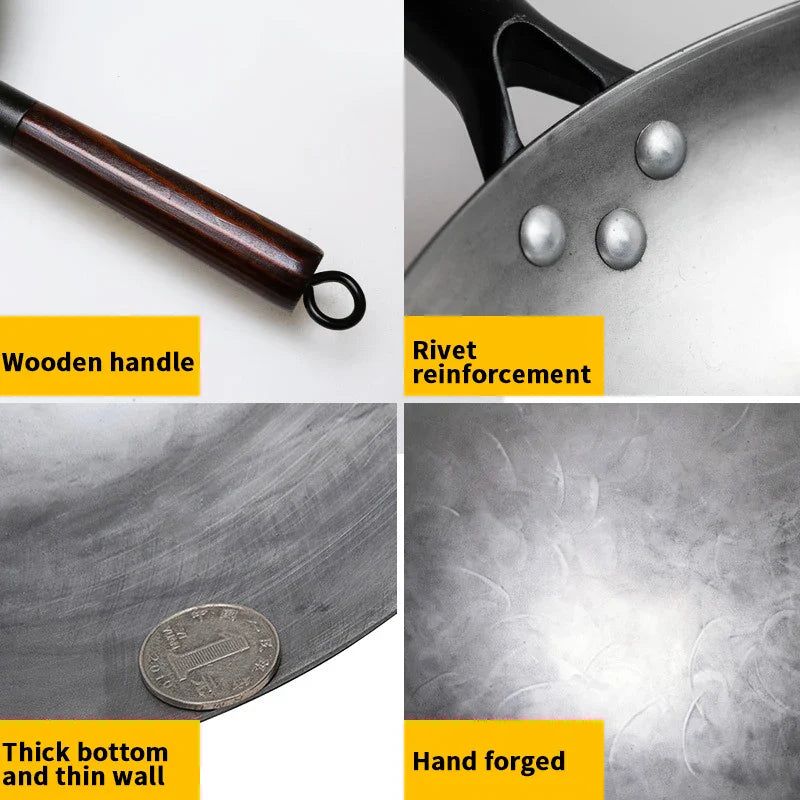 32cm Hand-Forged Iron Wok Pure Iron Non-Coated Stir Fry Pan Brown