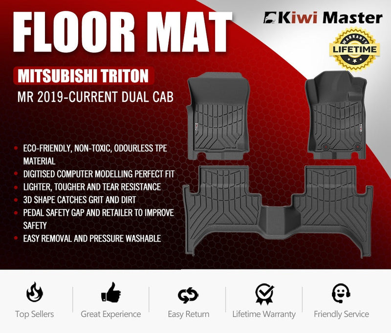 KIWI MASTER 3D TPE Car Floor Mats Liner fit Mitsubishi Triton MR 2019-Current Dual Cab Without Electric Seats