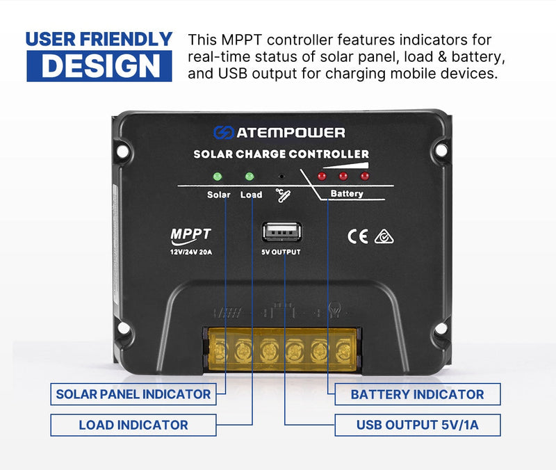 MPPT Solar Charge Controller Solar Panel Battery Regulator 12V/24V 20A With USB