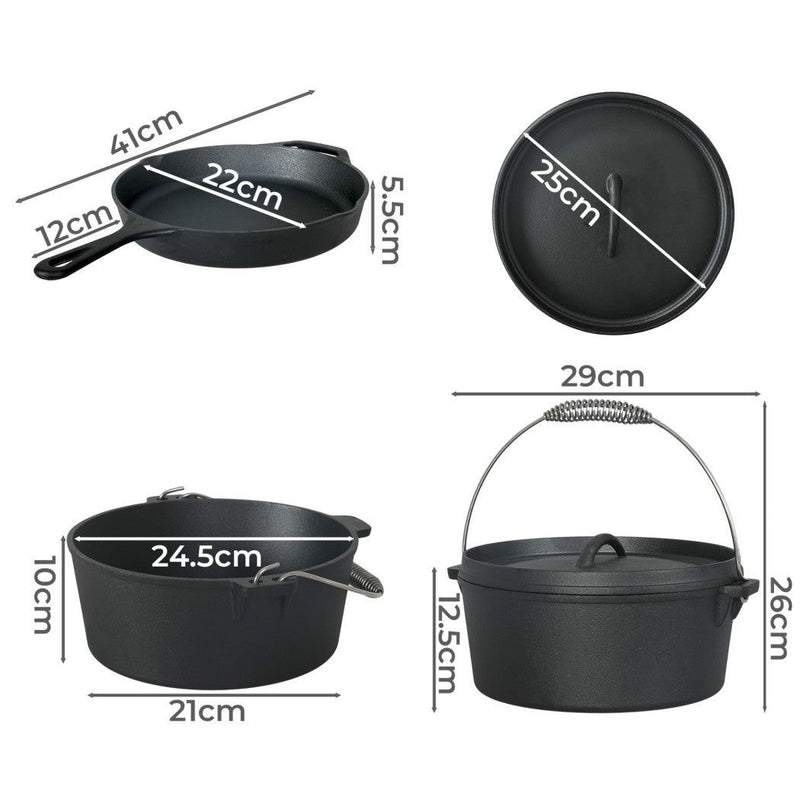Toque 3Pcs Cast Iron Frying Pan and Cast Iron Pot Set Camping Kitchen Cookware
