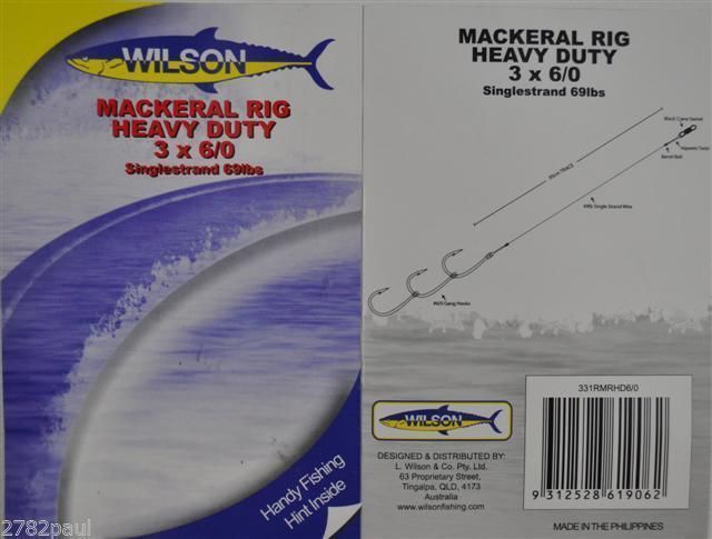 Wilson Heavy Duty Mackerel Fishing Rig 3x6/0 Hook-Set Up-69lb Single Strand Wire