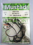 5 Pack of Size 2/0 Mustad 38101BLN Grip Pin Big Mouth Ultra Point Fishing Hooks
