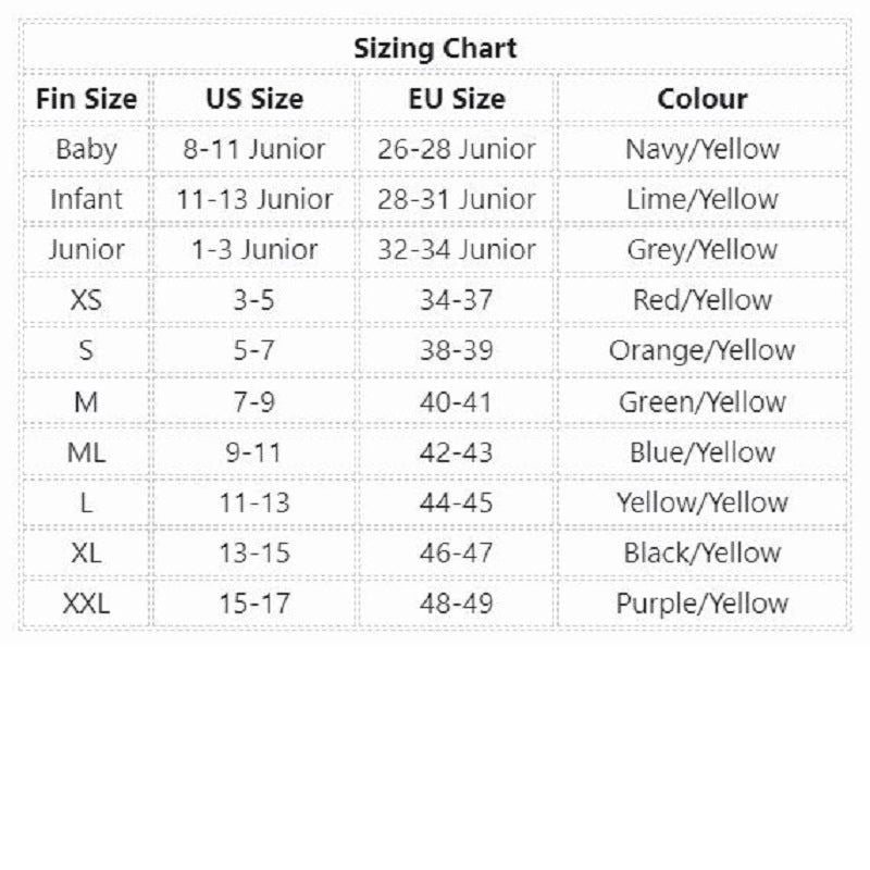 Mirage Deluxe Yellow Rubber Floatable Swim Flipper Fins Sizes Baby to ML (7-9)