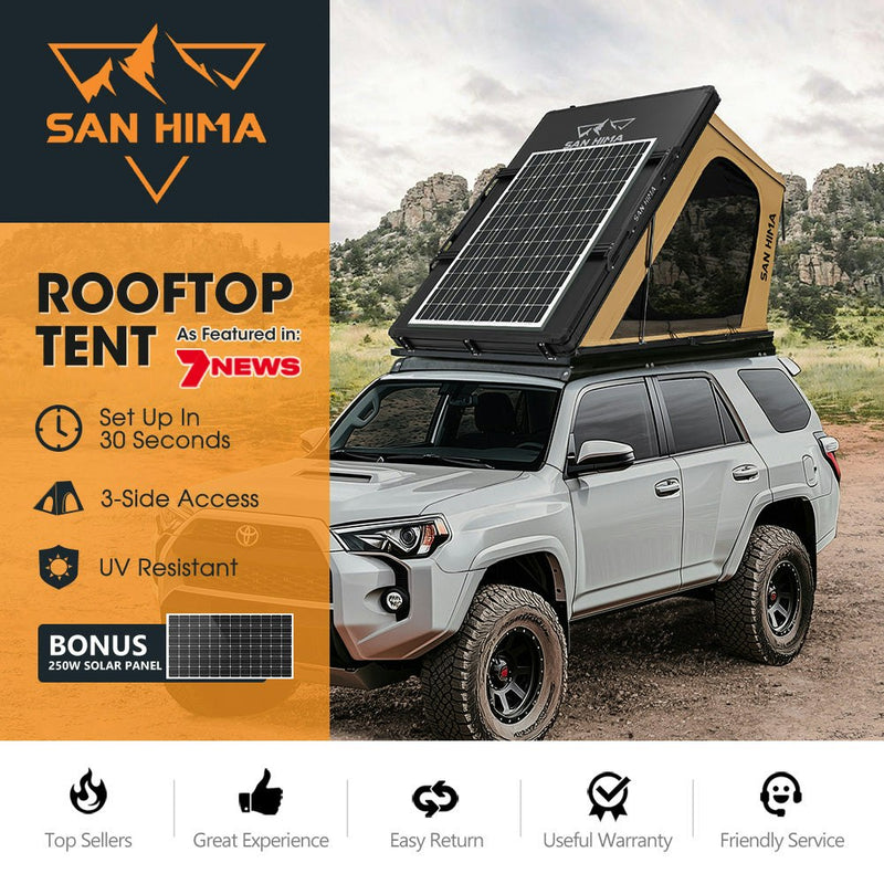 San Hima Kalbarri Gen 2 Roof Top Tent Hardshell Khaki + 250W Solar Panel  4x4