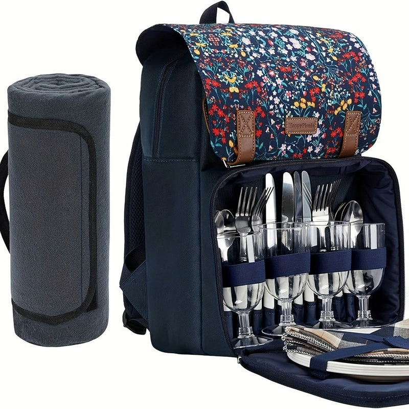 Insulated Picnic Backpack Set for 4 with Blanket