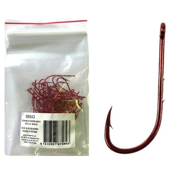 50 Pack of Tsunami Size 2 Chemically Sharpened Red Baitkeeper Hooks