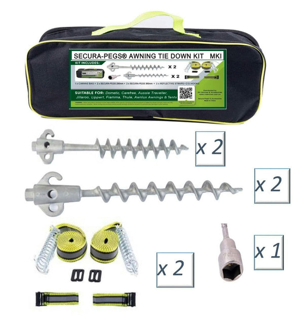 Secura-Pegs® NEW Awning Tie Down Kit Mk1 with Screw in Pegs Tents Camping