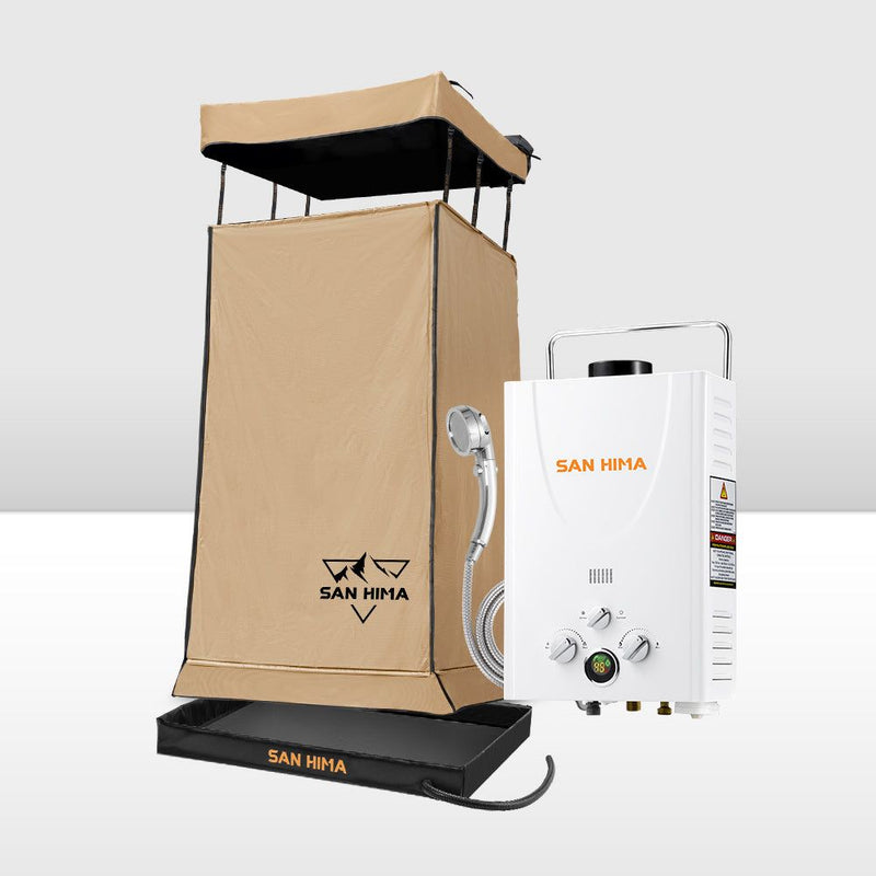 San Hima Camping Shower Tent Brown &Gas Hot Water Heater White &Shower Tent Base