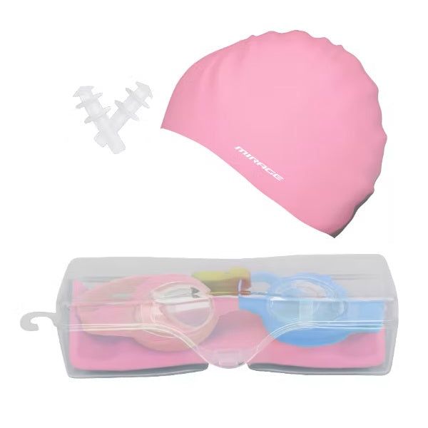 Mirage Kids Swim Goggles and Cap Pack for 6-14yo (Blue-Pink)