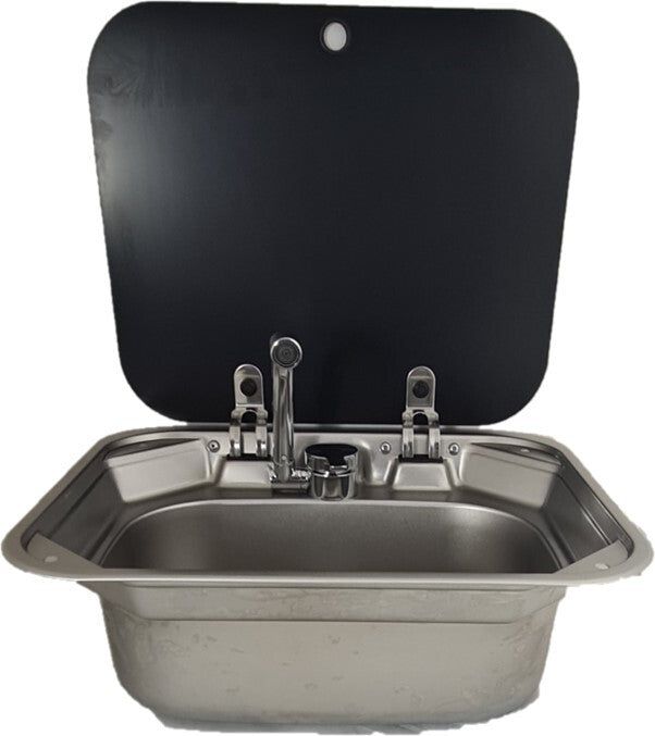 RV Flowmaster Stainless Steel Sink with Glass Lid + Folding Faucet