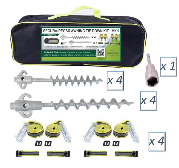 Secura-Pegs® NEW Awning Tie Down Kit Mk11 with Screw in Pegs Tents Camping