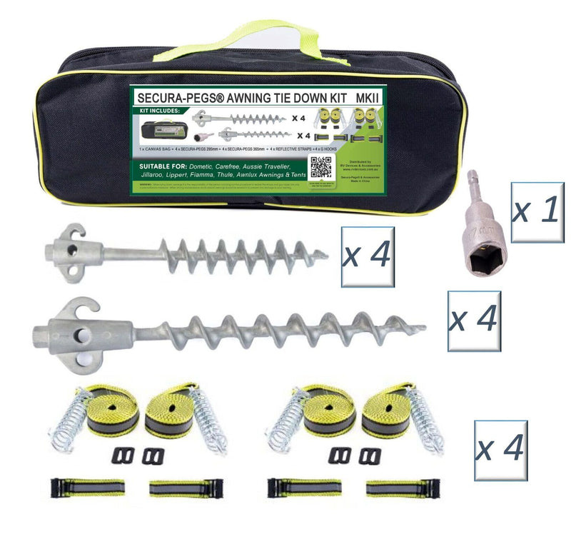Secura-Pegs® NEW Awning Tie Down Kit Mk11 with Screw in Pegs Tents Camping