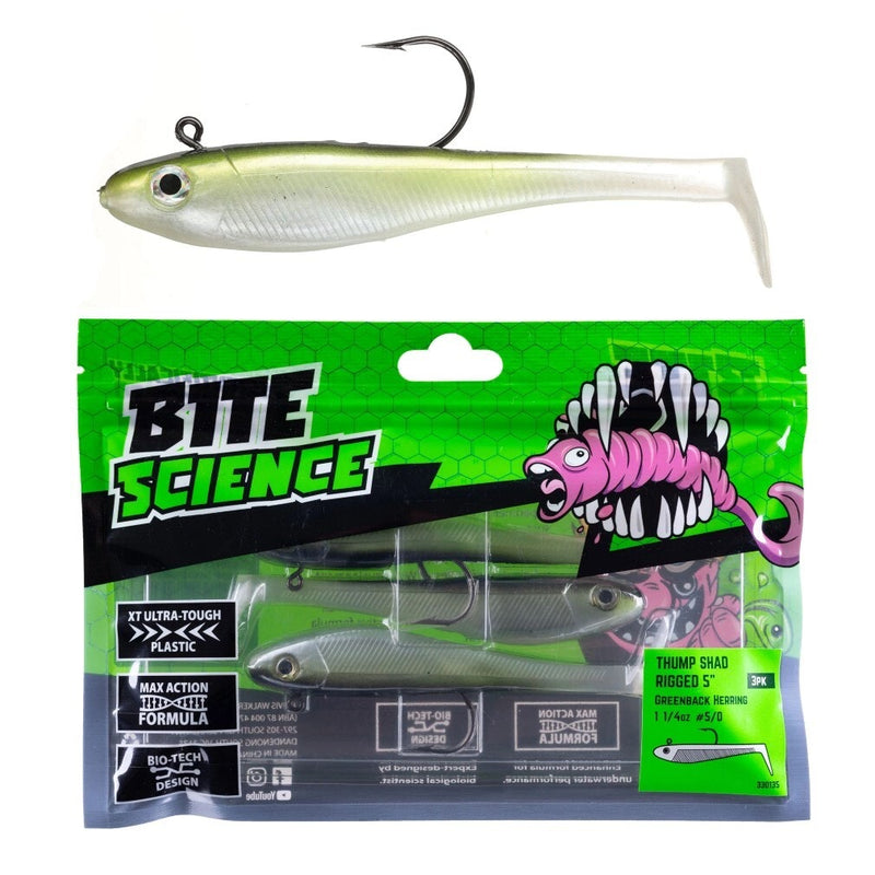 3 Pack of 5 Inch Bite Science Thump Shad Rigged Soft Plastics -Greenback Herring