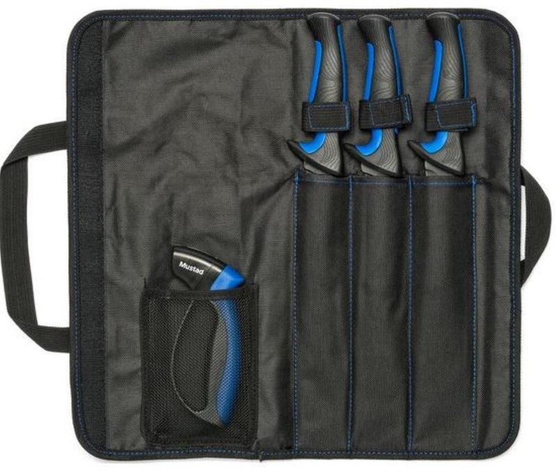 Mustad Fish Filleting Kit - 3 x Fishing Knives,Knife Sharpener in Roll Up Bag