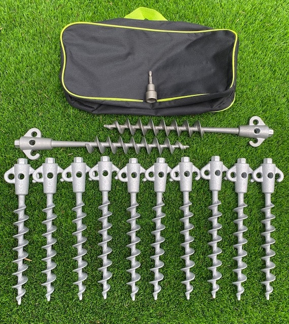 Screw in Ground Pegs Package 10 x 295mm Long 2 x 365mm Long Includes 17mm Drill Adapter Canvas Bag Terra-Big BITE