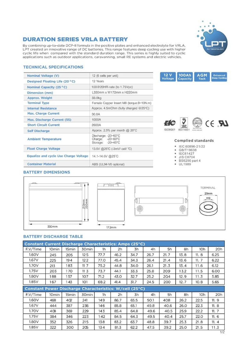 Pickup only - LPT 100Ah AGM Premium Caravan Battery