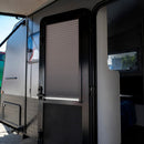 Aussie Traveller Caravan DC Door with Pleated Blind - LHH - Black - Round Top Corners - 1750 x 622mm