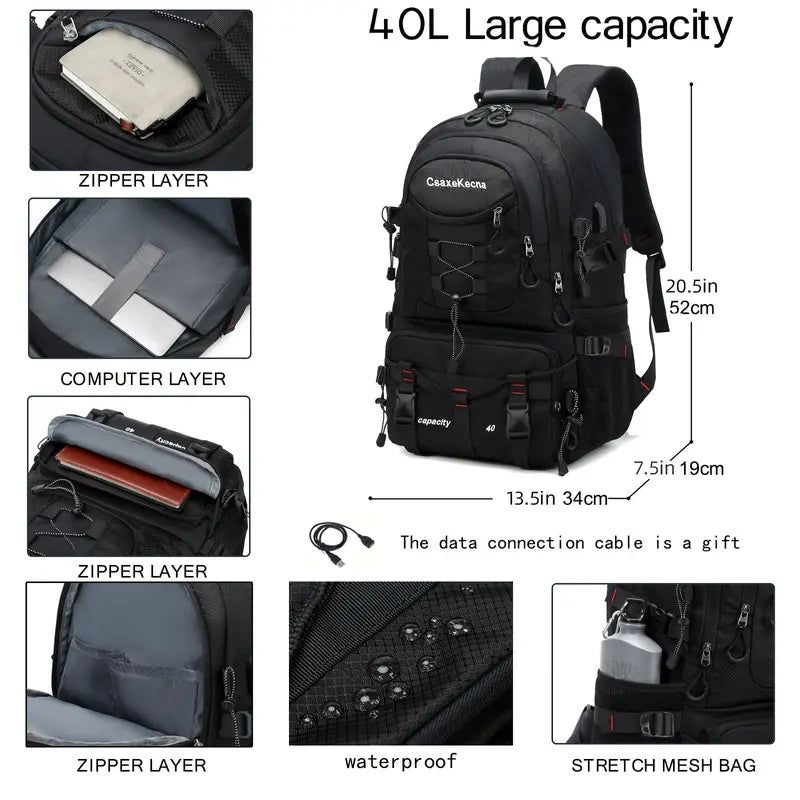 Rugged Explorer Waterproof Travel Backpack - Black
