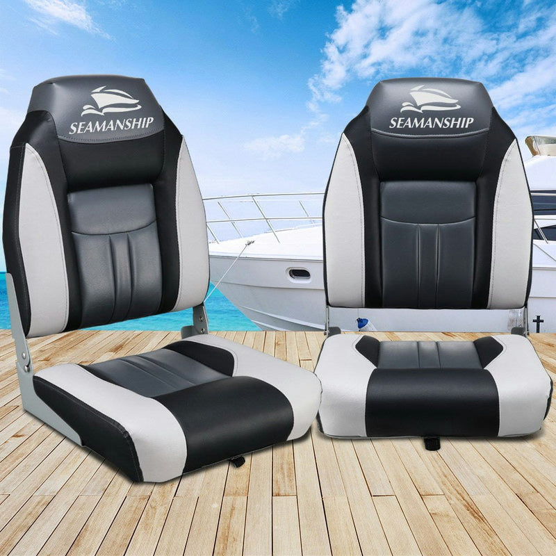 Set of 2 Folding Swivel Boat Seats - Grey & Black