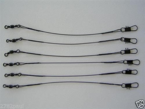 6 x Wilson 6 Inch x 40lb Black Wire Fishing Trace with Barrel Swivel & Interlock Snaps