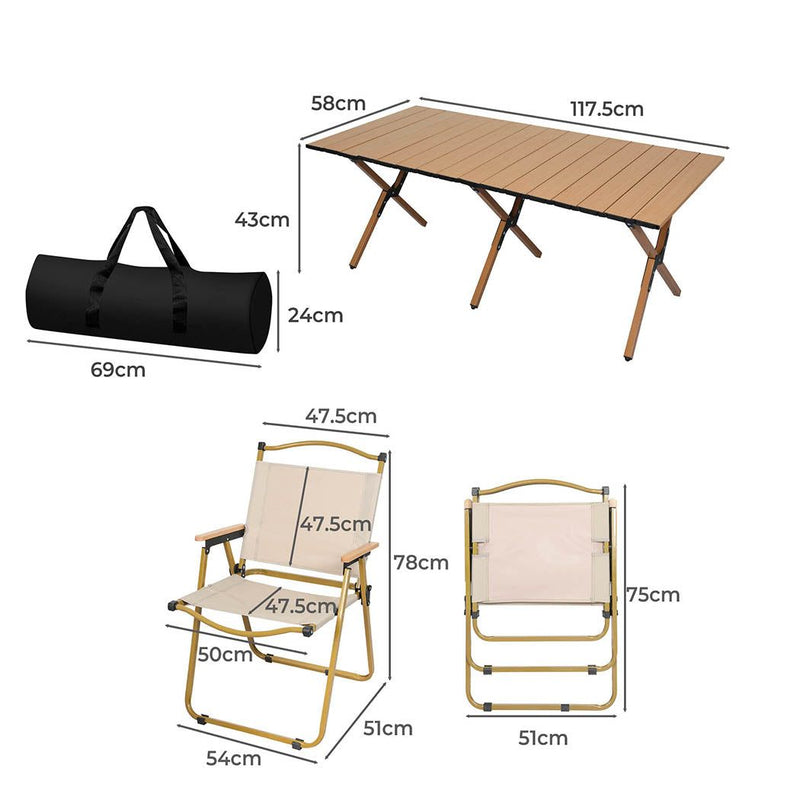 Foldable Table and Chair Set for Camping - Oak Colour