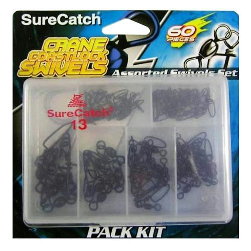 60 x Surecatch Assorted Black Crane Swivels with Coastlock Snaps in Tackle Box