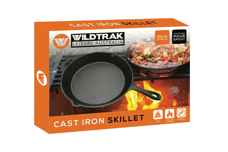 Wildtrak Round 31cm Cast Iron Skillet Pan w/ Pour Spout Camping Cookware Black