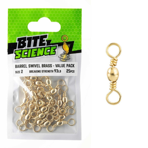 25 Pack of Size 2 Bite Science Brass Barrel Fishing Swivels - 93lb