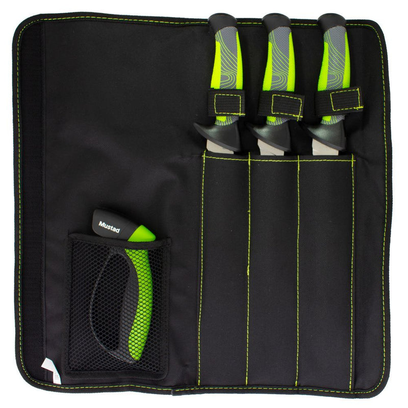 Mustad Pro Fish Filleting Kit -3 x Fishing Knives,Knife Sharpener in Roll Up Bag
