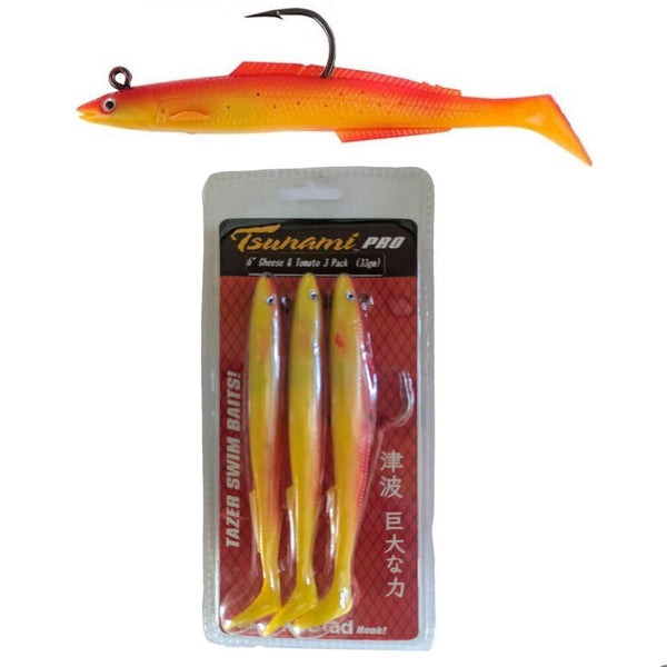 3 Pack of 6 Inch Rigged Tsunami Tazer Swim Bait Soft Plastics - Cheese & Tomato