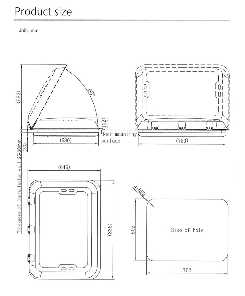 Caravan LED Roof Hatch 500x700