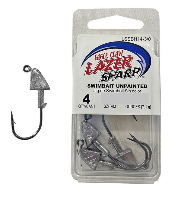 4 Pack of 1/4oz Unpainted Eagle Claw Lazer Sharp Swimbait Jig Heads