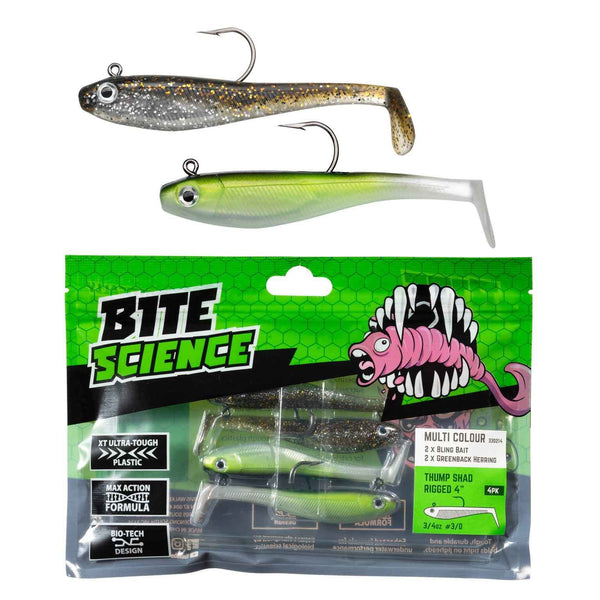 Bite Science Multi-Pack of Rigged 4"' Rigged Thump Shad Lures - Bling/Greenback
