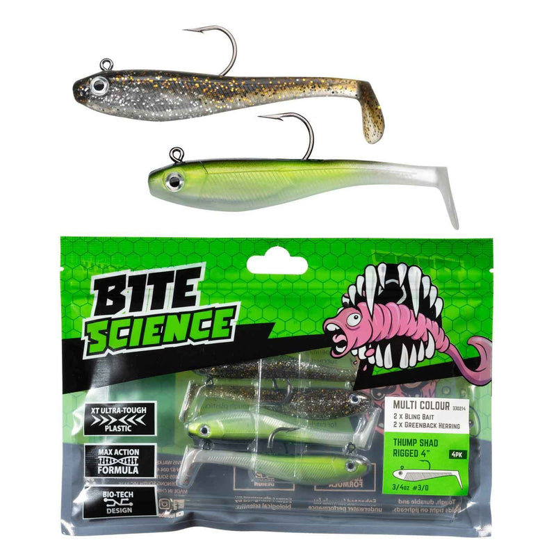 Bite Science Multi-Pack of Rigged 4"' Rigged Thump Shad Lures - Bling/Greenback