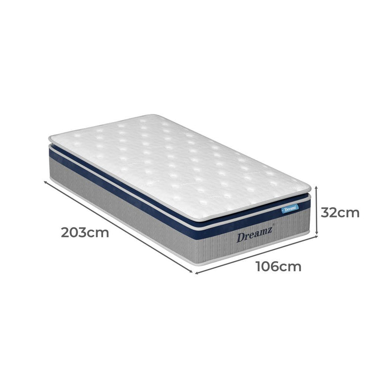 DreamZ Mattress Pillow Top 7 Zone Pocket Spring Memory Foam 32cm King Single