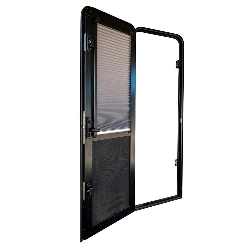 Aussie Traveller Caravan DC Door with Pleated Blind - LHH - Black - Round Top Corners - 1750 x 622mm