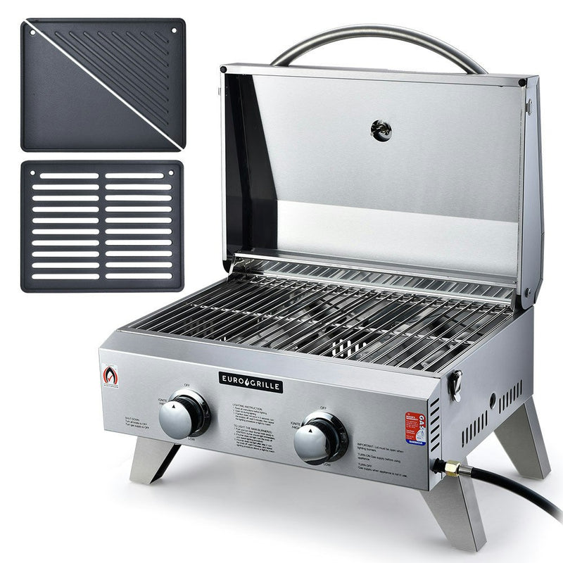 EUROGRILLE 2-Burner Stainless Steel Portable Gas BBQ Grill w/ 2 x Cast Iron Plates