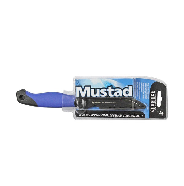 Mustad 4 Inch Stainless Steel Bait Knife with Sheath - Black Teflon Coated
