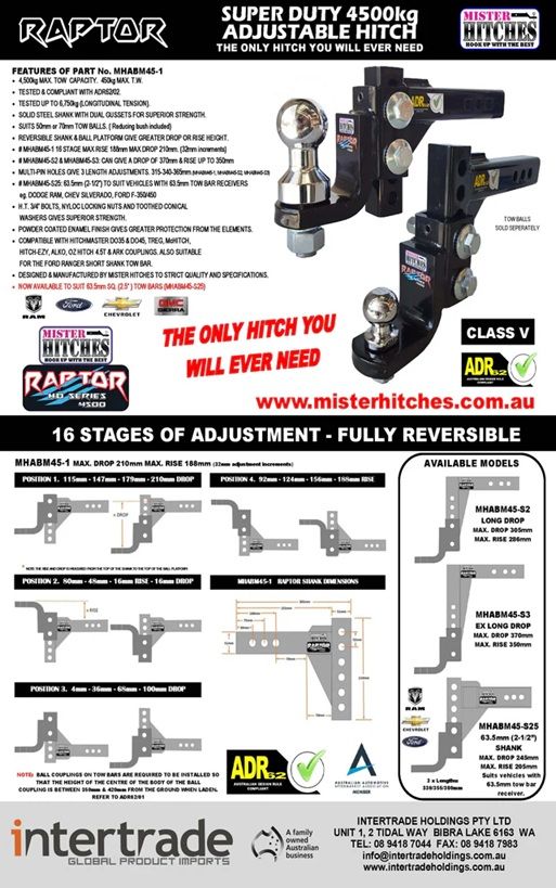 Mister Hitches Raptor 4.5T Super Duty Adjustable Ball Mount 16 Stage