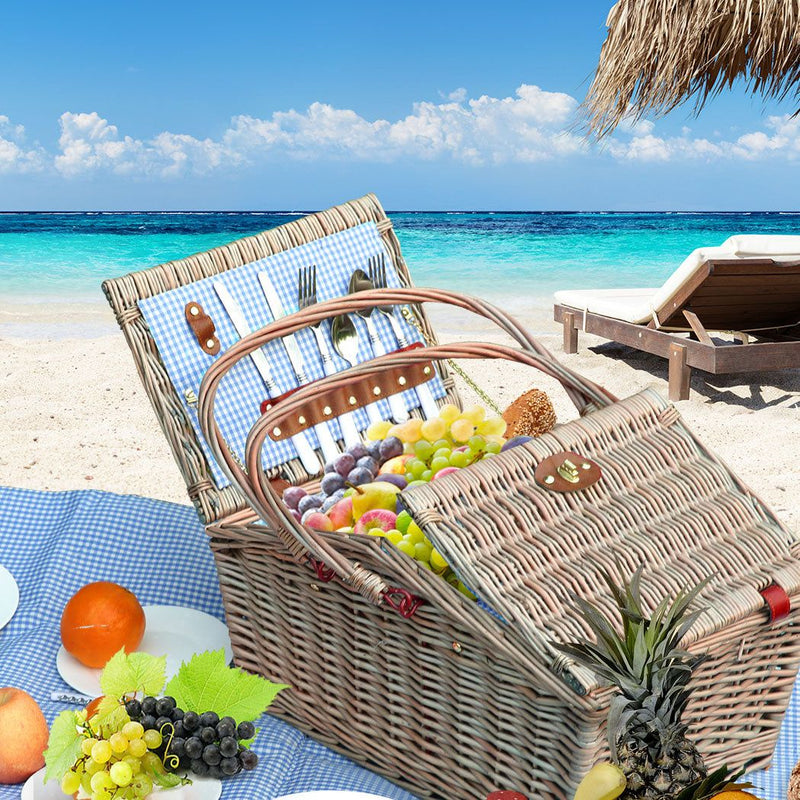 Traderight Group  4 Person Picnic Basket Baskets Set Outdoor Blanket Willow Deluxe Folding Handle