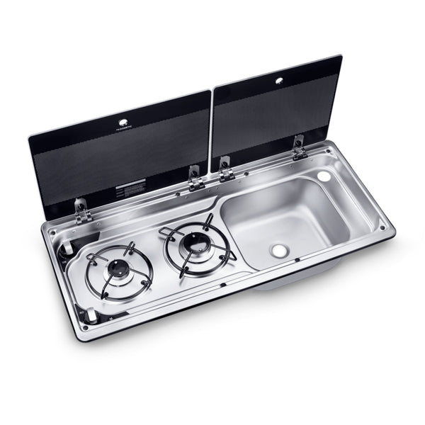 Dometic MO 9722R Two-burner hob and sink combination with glass lid, 760 x 325 mm