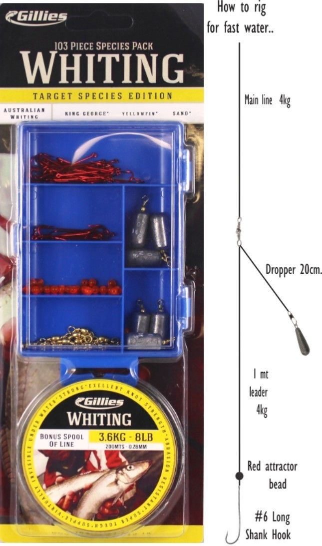 Gillies Whiting Tackle Pack - 100 Piece Assorted Tackle Kit With 8lb Fishing Line