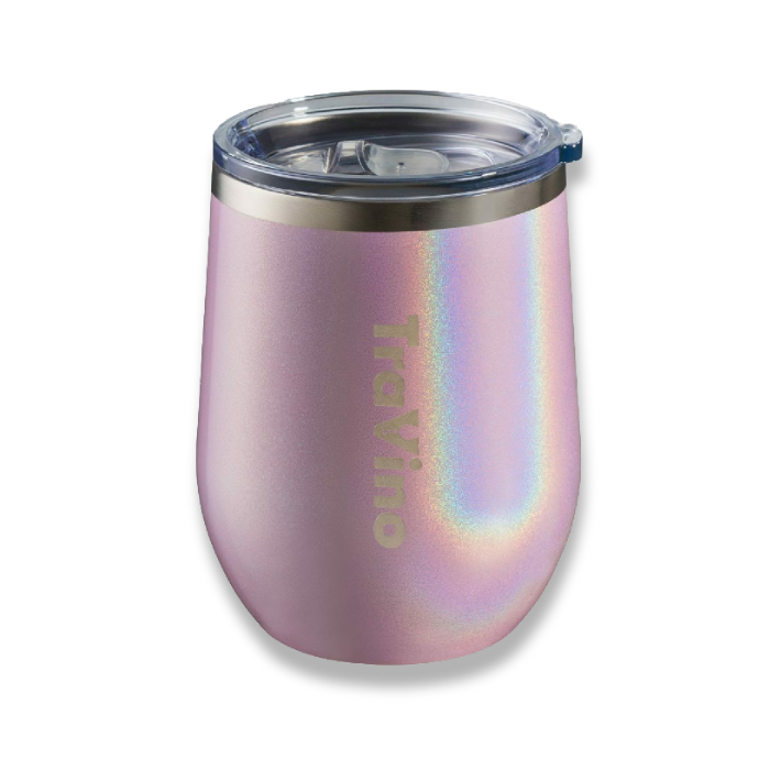 TraVino Vacuum Insulated Stemless Glitter Iridescent Wine Glass Cup Camping Hiking PINK