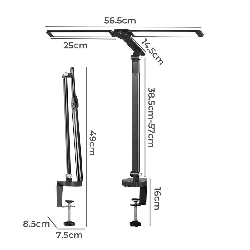 Emitto LED Desk Study Lamp Clamp Dimmable Adjustable Double Head Reading Light