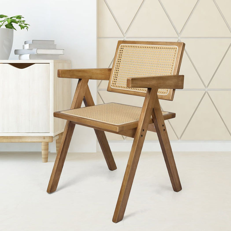 Levede 4x Dining Chair Solid Wood Rattan Armchair Wicker Accent Lounge Chairs